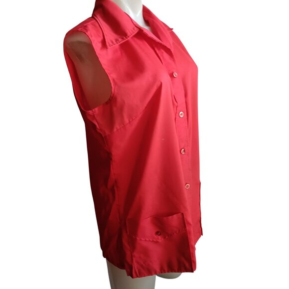 Women's Large Vintage 70's Sleeveless Red Button-Up Chore Blouse Frock Laura Mae - Picture 3 of 7